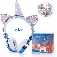Kids Headphones, Unicorn Bluetooth/Wired Headphones with Microphone Adjustable Headband,85dB Volume Limited HD Sound Headphones for School, Birthday, Xmas, Unicorn Gift (Diamond Blue)